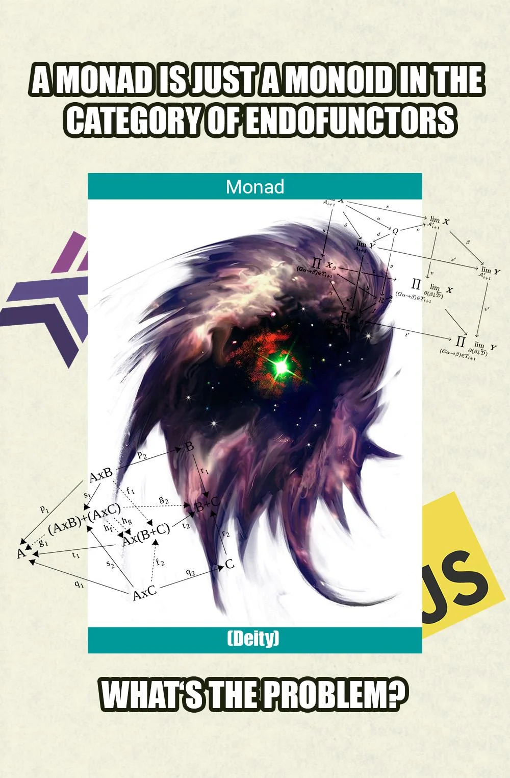 Мем с подписью «A monad is just a monoid in the category of endofunctors»