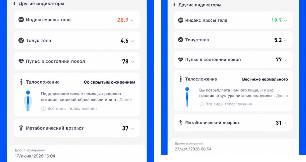 Сравнение индекса массы тела, тонуса и метаболического возраста 17 июня и 27 августа