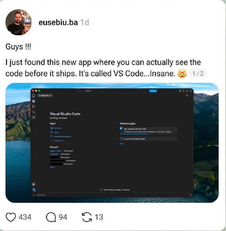 Шутка о новом приложении VS Code, в котором можно увидеть код до его отправки